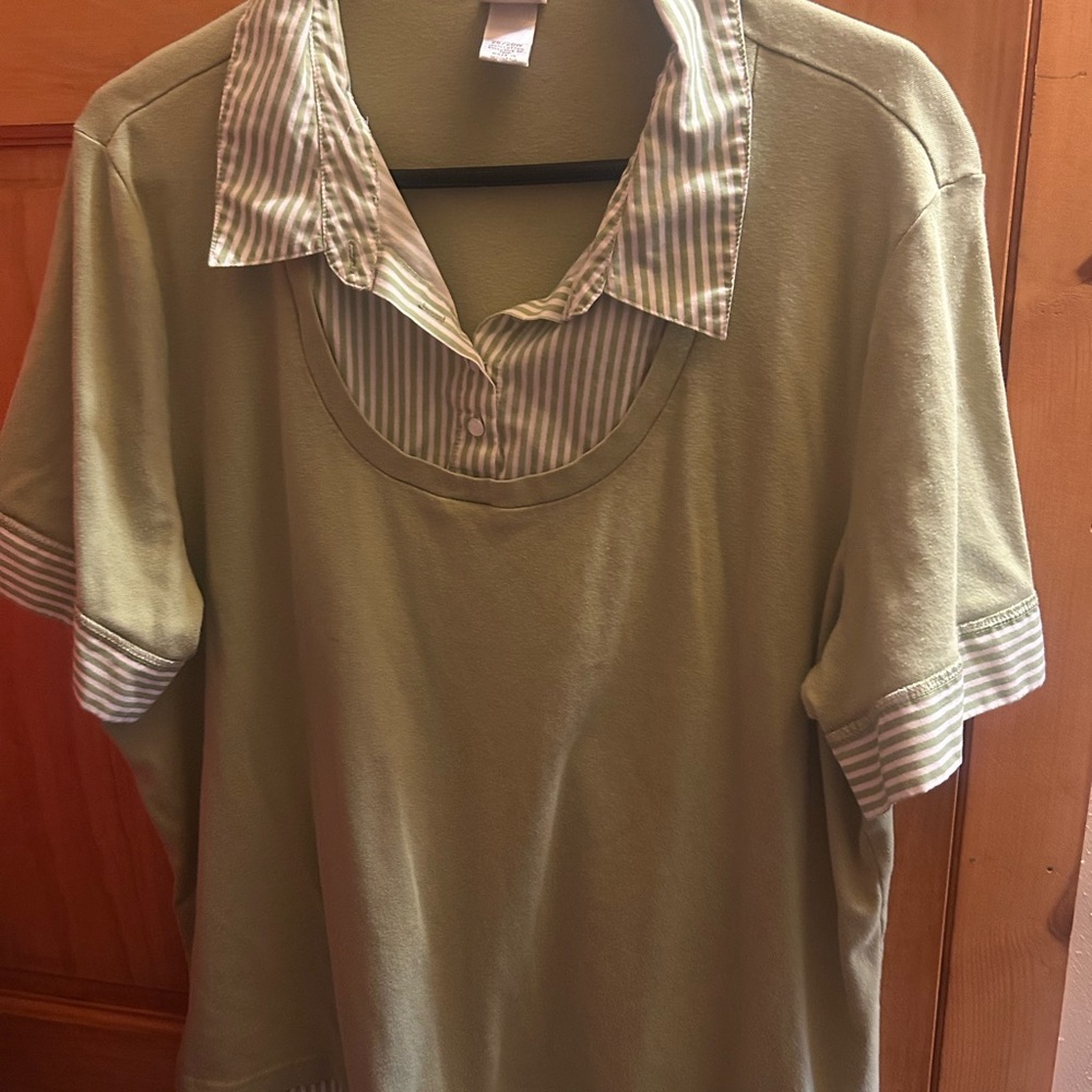 Catherines Plus Size 26/28W Green Cotton Top – Striped Collar, Cuffs & Hem